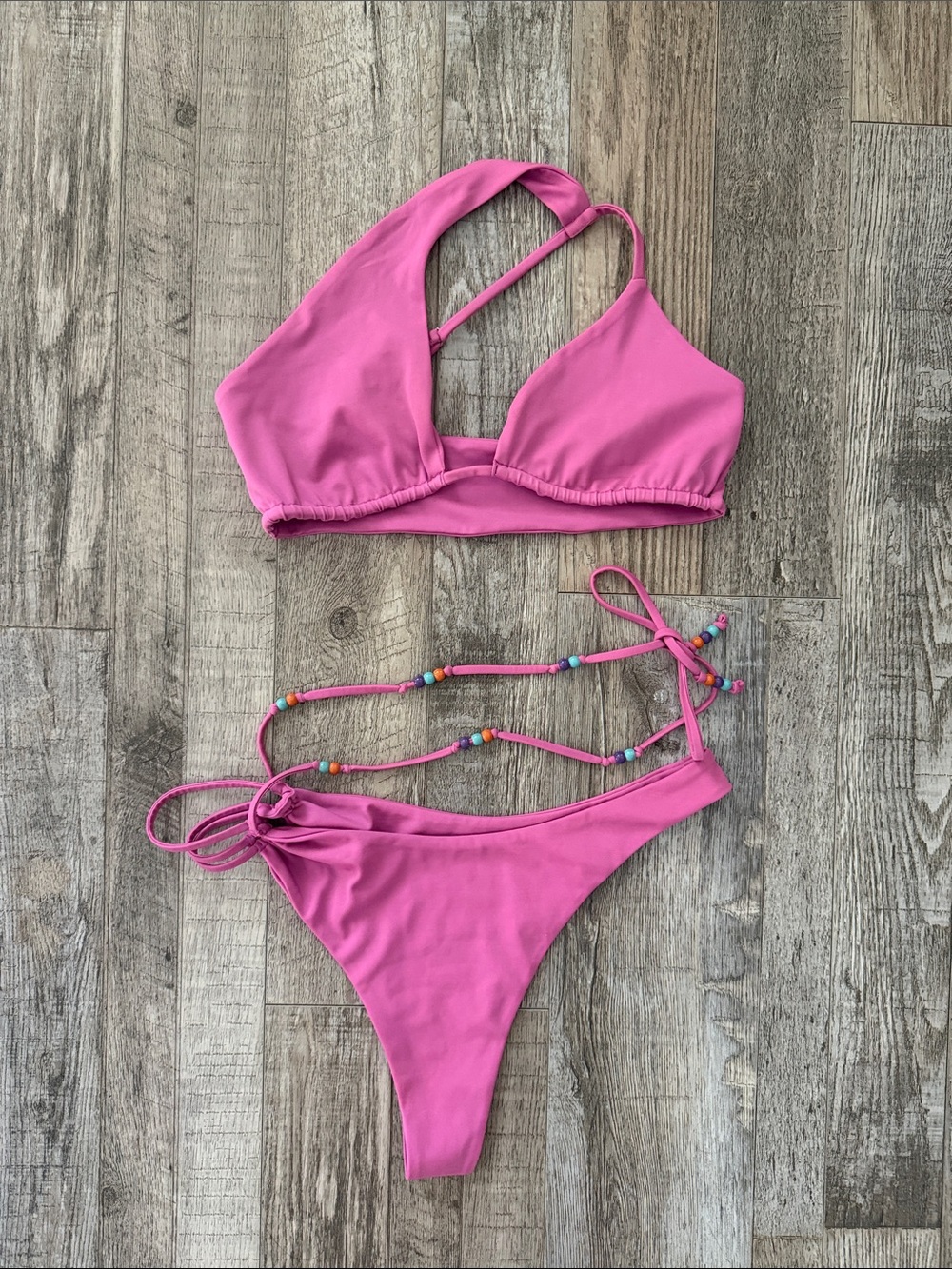 Pink Two-Piece Swim Bikini with Beaded Ties